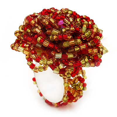Large Multicoloured Glass Bead Flower Stretch Ring (Red & Olive)