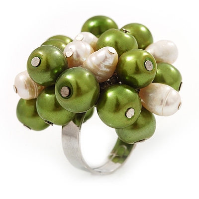 Freshwater Pearl & Bead Cluster Silver Tone Ring (Green & Light Cream)