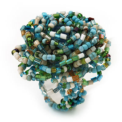 Multicoloured Glass Bead Flower Stretch Ring (Light Blue, Green & White)