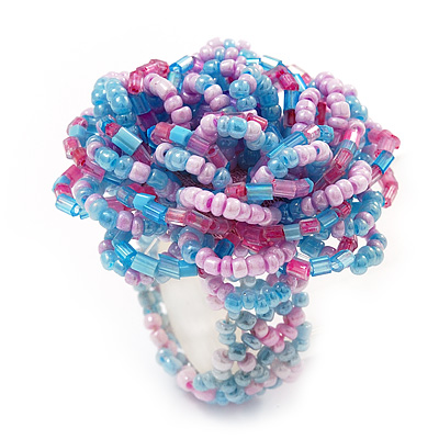 Large Multicoloured Glass Bead Flower Stretch Ring (Light Blue & Pink)