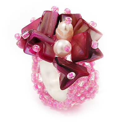 Pink Shell Chip & Freshwater Pearl Cluster Flex Ring