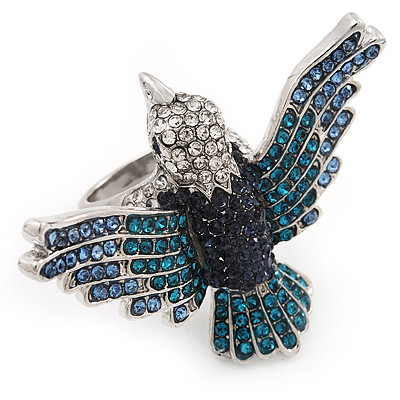 Bold Crystal Bird Ring In Rhodium Plated Metal (Blue) - main view