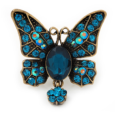 Teal Blue Butterfly With Dangling Tail Ring In Bronze Metal - Adjustable