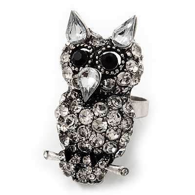 Funky Diamante Owl Ring In Burnt Silver Plating - Adjustable