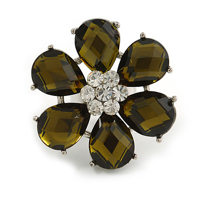 Large Olive Green Diamante 'Flower' Ring In Silver Plating - Adjustable - 4cm Diameter