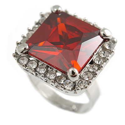Princess-Cut Red CZ Fashion Ring In Silver Plating - 2cm Length