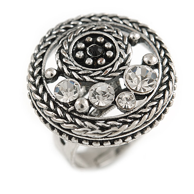 Button Shape Diamante Fancy Ring In Burn Silver Metal