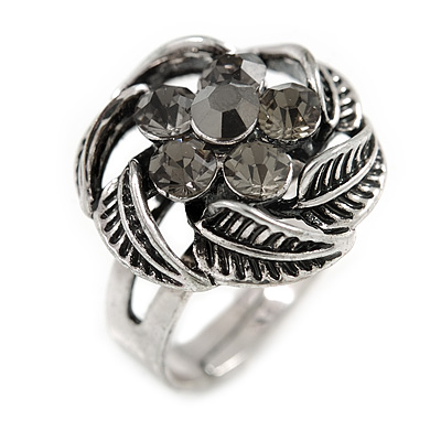 Flower Diamante Fancy Ring In Burn Silver Metal - main view