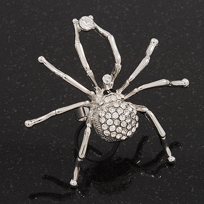Large Clear Diamante 'Spider' Ring In Silver Tone Metal - 6.5cm Diameter - Adjustable 7/9 Size