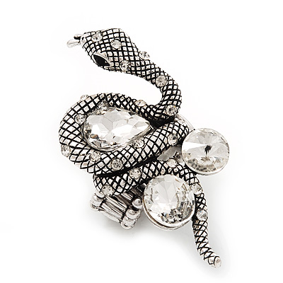 Stunning Clear Crystal Snake Stretch Ring In Burn Silver Metal (6cm Length) - 7/9 Size - main view