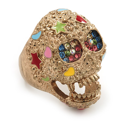 Vintage Textured Multicoloured 'Skull' Ring In Matte Gold Metal - main view