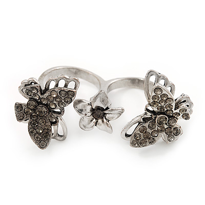 Crystal Butterfly Double Finger Ring In Burn Silver Metal - Flex (Size 7/8) - main view
