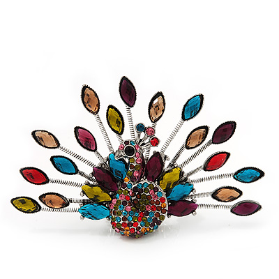 Stunning Multicoloured Crystal 'Peacock' Flex Ring In Silver Metal - 7.5cm Length (Size 7/8)