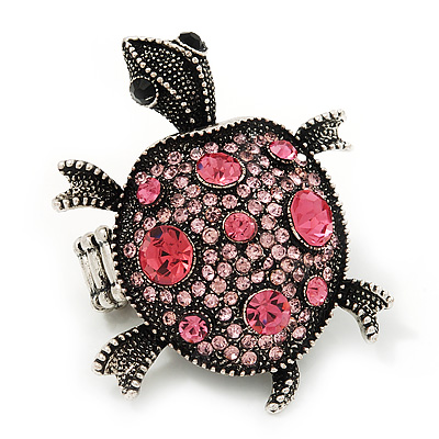 Pink Crystal 'Turtle' Flex Ring In Burn Silver Metal - 5.5cm Length - (Size 7/9) - main view