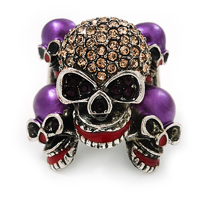 Diamante Purple Multi Skull Flex Ring - 3cm Length (Size 7/9)