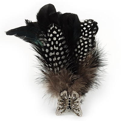 Oversized Black/White Feather 'Butterfly' Stretch Ring In Silver Plating - Adjustable - 14cm Length