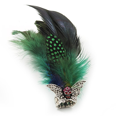 Oversized Green/Blue Feather 'Flying Skull' Stretch Ring In Silver Plating - Adjustable - 14cm Length