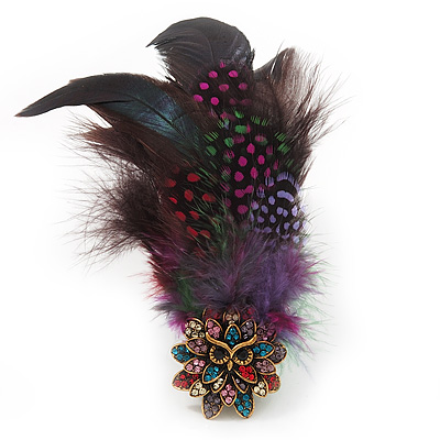 Oversized Multicoloured Feather 'Owl' Stretch Ring In Gold Plating - Adjustable - 13cm Length
