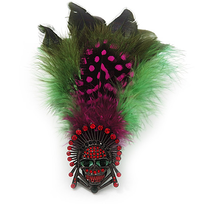 Oversized Green/Magenta/Red Feather 'Indian Skull' Stretch Ring In Silver Plating - Adjustable - 12cm Length