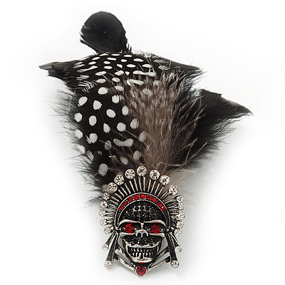 Oversized Black/White/Red Feather 'Indian Skull' Stretch Ring In Silver Plating - Adjustable - 13cm Length