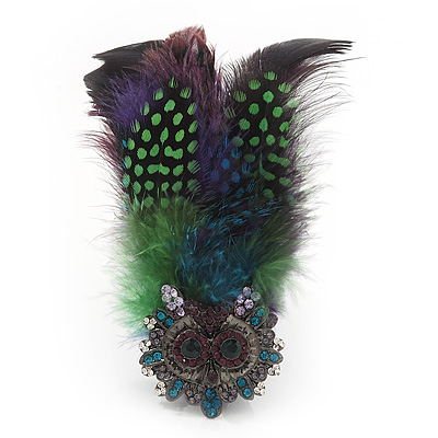 Oversized Green/Purple Feather 'Owl' Stretch Ring In Black Metal - Adjustable - 11cm Length