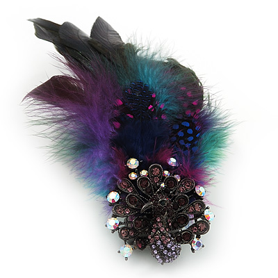 Oversized Green/Purple/Blue Feather 'Peacock' Stretch Ring In Silver Plating - Adjustable - 15cm Length