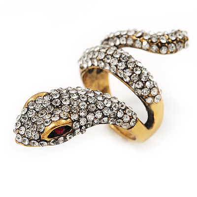 Clear Crystal 'Snake' Ring In Antique Gold Finish - 4.5cm Length