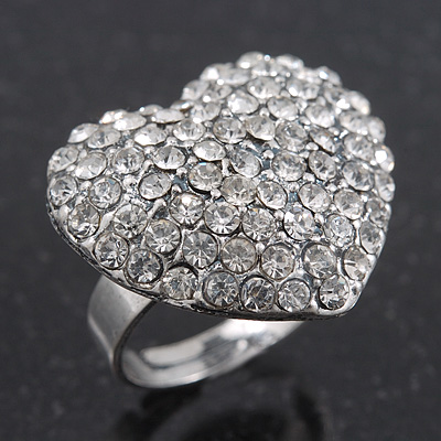Delicate Clear Crystal 'Heart' Ring In Silver Plating - Adjustable (Size 7/8) - main view