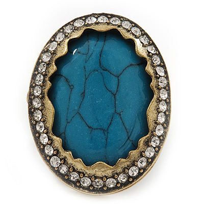 Large Oval Turquoise Stone Crystal Cocktail Ring In Antique Gold Metal - Adjustable (Size 7/9) - 4.5cm Length