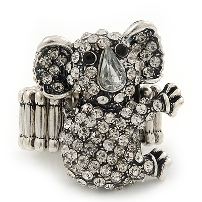 Swarovski Encrusted Koala Cocktail Stretch Ring In Burn Silver Finish (Clear Crystals) - Adjustable size7/8