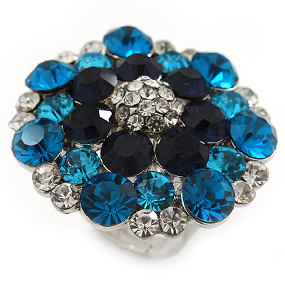 Silver Tone Dark Blue/ Clear/ Turquoise Coloured Diamante Cocktail Ring (Adjustable Size 7/8) - 3cm Diameter