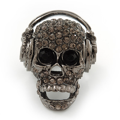 Dark Grey Crystal 'Skull Wearing Headphones' Flex Ring In Gun Metal - Adjustable - 3cm Length
