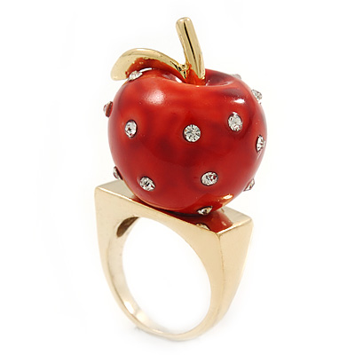 'Berry Irresistible' Crystal and Resin Apple Ring In Gold Plating - Size 8