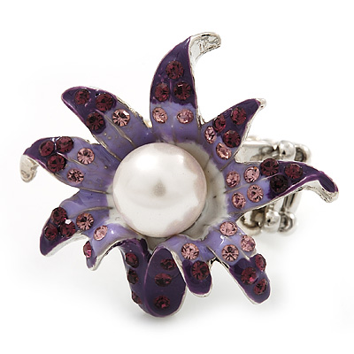 Lavender/ Deep Purple Enamel, Crystal, Simulated Pearl Calla Lily Flex Ring In Rhodium Plating - Size 7/8 - main view