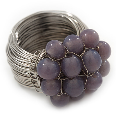Wide Rhodium Plated Wire Pastel Violet Glass Bead Band Ring - main view