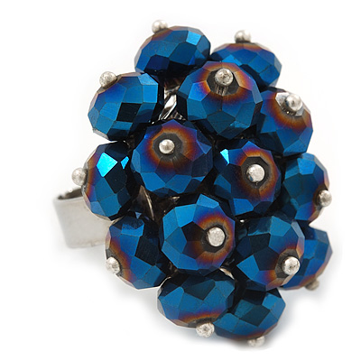 Chameleon Blue Cluster Ring In Silver Plating - Adjustable (Size 8/9)