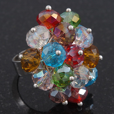 Multicoloured Glass Cluster Ring In Silver Plating - Adjustable (Size 8/9)