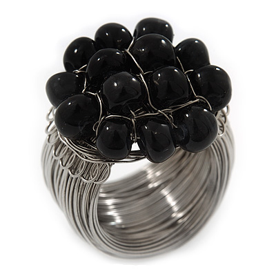 Wide Rhodium Plated Wire Black Glass Bead Band Ring - main view