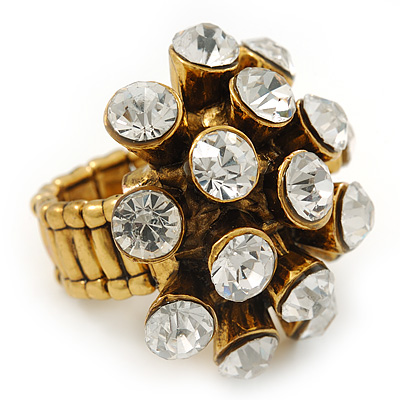 Dome Shaped Crystal Cluster Ring in Gold Tone/Adjustable size 7/8