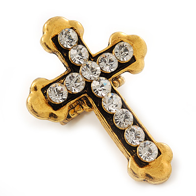 'Fleur de Lis' Crystal Set Statement Cross Stretch Ring In Vintage Gold Finish - 6cm Length - Adjustable size 7/8