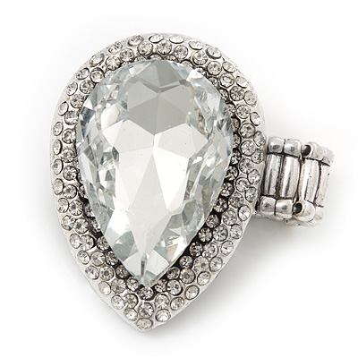 'Drama Queen' Drop-Shaped Crystal Cluster Ring (Silver Tone) - Adjustable size 7/8