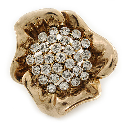 Large Swarovski Clear 'Flower' Cocktail Ring In Gold Plating - Adjustable (Size 7/9) - 5cm Diameter - main view