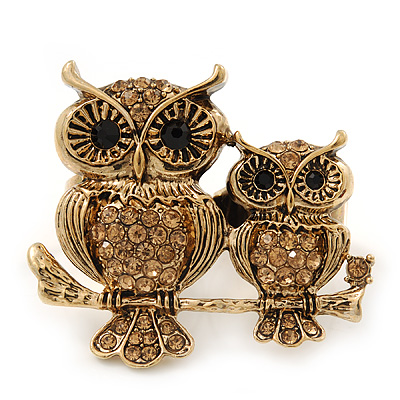 Burn Gold Light Amber Coloured Crystal 'Double Owl' Double Finger Ring - Adjustbable - 4.5cm Length - main view