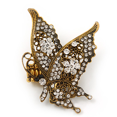 'La Mariposa' Swarovski Encrusted Butterfly Cocktail Stretch Ring In Burn Gold Finish (Clear Crystals) - Adjustable size 7/8