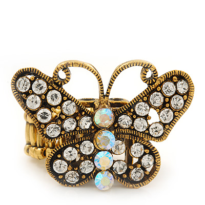 'Papillonne' Swarovski Encrusted Butterfly Cocktail Stretch Ring In Burn Gold Finish (Clear Crystals) - Adjustable size 7/8 - main view