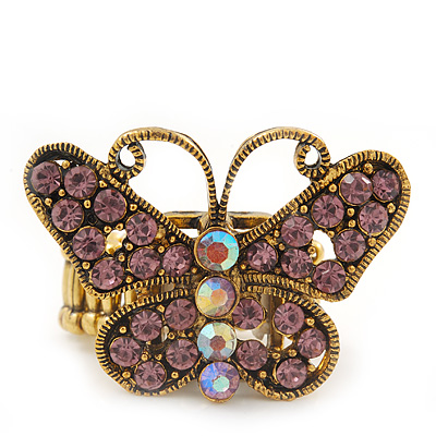 'Papillonne' Swarovski Encrusted Butterfly Cocktail Stretch Ring In Burn Gold Finish (Lilac Crystals) - Adjustable size 7/8 - main view