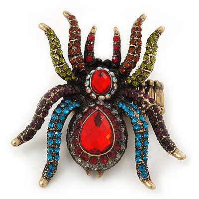 Oversized Multicoloured Crystal Spider Stretch Cocktail Ring In Antique Gold Plating - 6cm Length - main view
