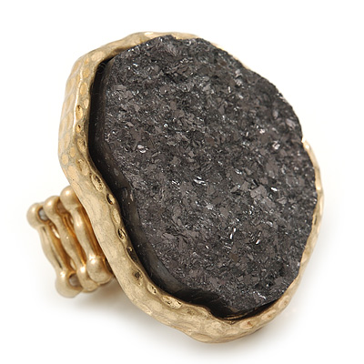 Two Tone Off-Round, Textured Flex Ring (Gold Tone/ Coal Colour Tone) - 37mm Across - Size 7/8
