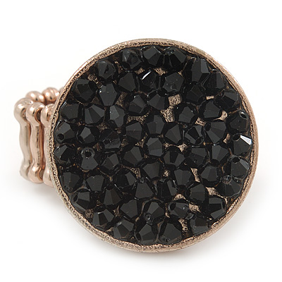 Gold Tone, Black Glass Bead, Coin Shape Flex Ring - 30mm Across - Size 7/8