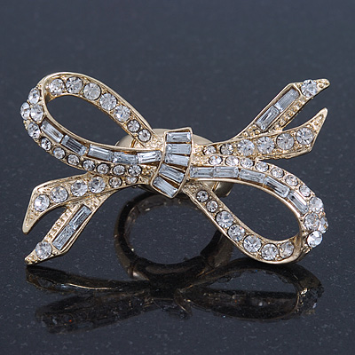 Statement Clear Austrian Crystal Bow Flex Ring In Gold Tone - 65mm Across - Size7/8 - main view